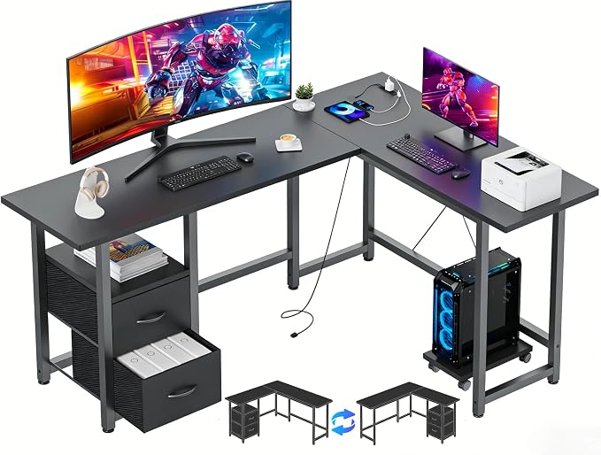 Gizoon 66 Inch L Shaped Desk with Power Outlets & Large Drawers, Reversible Corner Gaming Desk, Home Office Computer Workstation with CPU Stand, Black