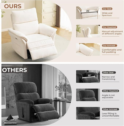 Oversized Power Recliner Chair Swivel Glider with Massage and Heat, Rocker Nursery Recliner for Adults with Adjustable Headrest, 26" Extra Wide Nursery Chair with Overstuffed Armrest,White