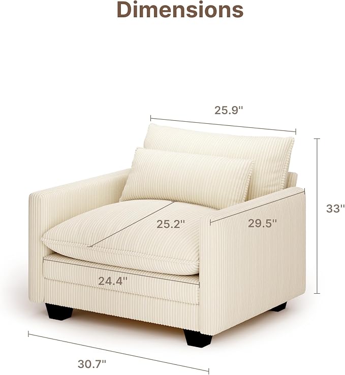 Gizoon Cloud Accent Chair with Washable Cover, Corduroy Single Sofa Chair with Comfy Deep Seat, Modern Armchair with Pillow for Living Room Bedroom, Beige
