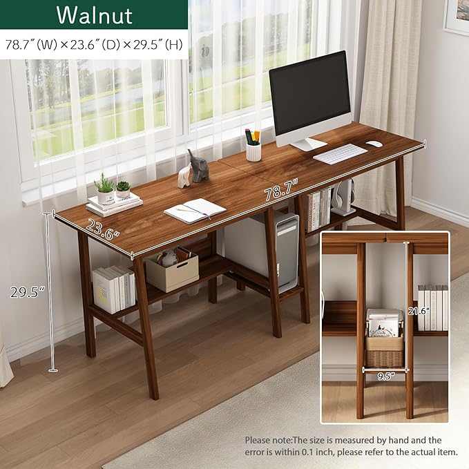 NELYE 2-Person Writing Desk with Bookshelf - 79" Wooden Extra Long Home Office Work Table, Double Study Computer Workstation with Storage Shelves in Walnut, 79" W x 24" D