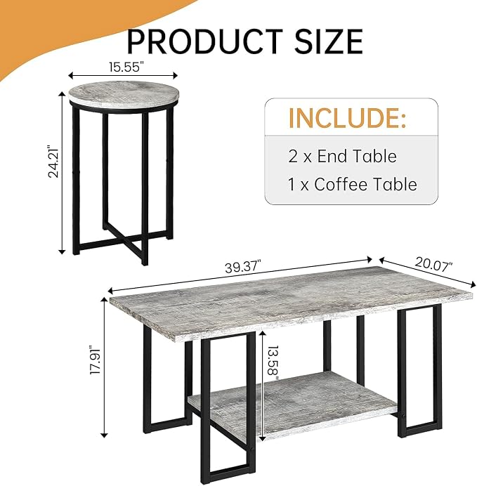 Lamerge 3 Pieces Living Room Table Set, Faux Marble Coffee Table with 2 Round End Side Tables, Coffee Table Set with Metal Frame for Apartment Home Office, Grey&Black