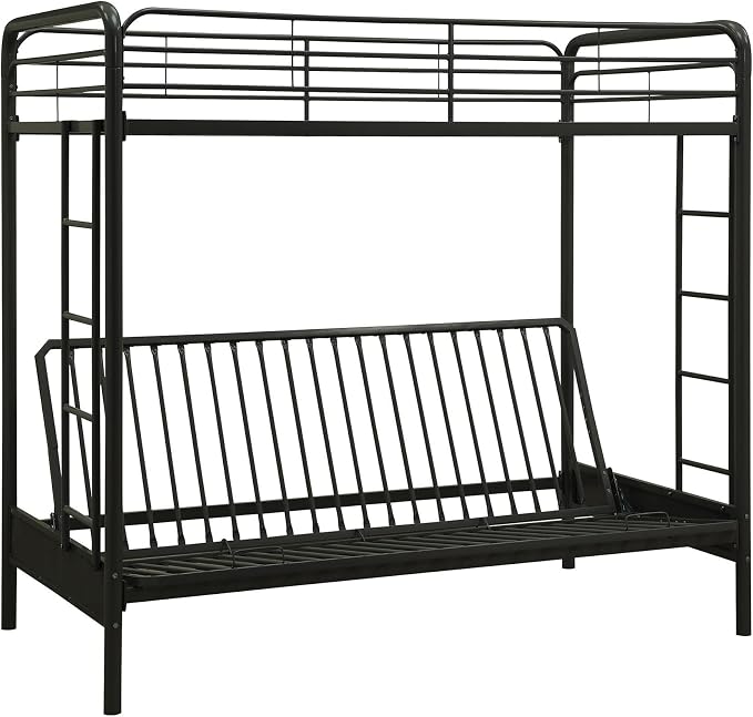 DHP Twin-Over-Futon Convertible Couch and Bed with Metal Frame, Ladder and Guardrails - Black