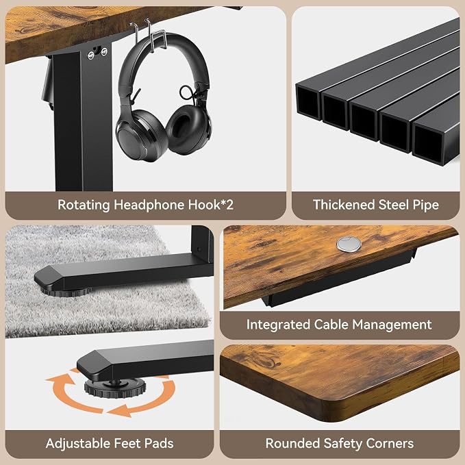 Standing Desk, 55 x 24 Inches Electric Height Adjustable Desk, Sit Stand up Desk, Memory Computer Home Office Gaming Desk with 3 Preset Heights, Table Cable Management Box, Brown