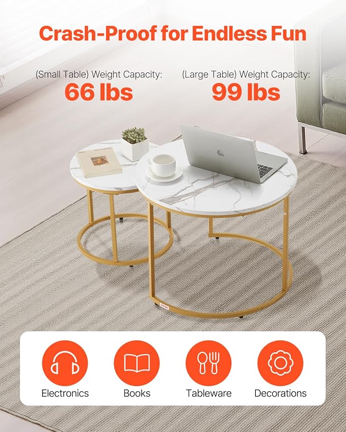 VEVOR Nesting Coffee Table Set of 2, 23.6 in Round Coffee Table, Nesting Tables for Small Place, Vintage End Side Tables Night Stand with Metal Frame, for Living Room, Bedroom, Office (White & Gold)