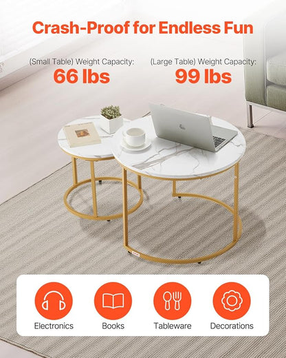 VEVOR Nesting Coffee Table Set of 2, 23.6 in Round Coffee Table, Nesting Tables for Small Place, Vintage End Side Tables Night Stand with Metal Frame, for Living Room, Bedroom, Office (White & Gold)