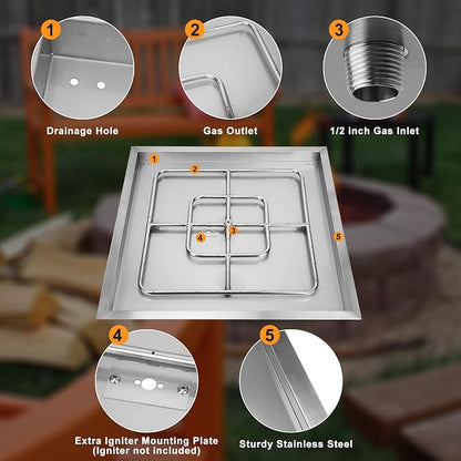 onlyfire Stainless Steel Square Fire Pit Flat Pan with Burner Ring Assembly, 30-Inch