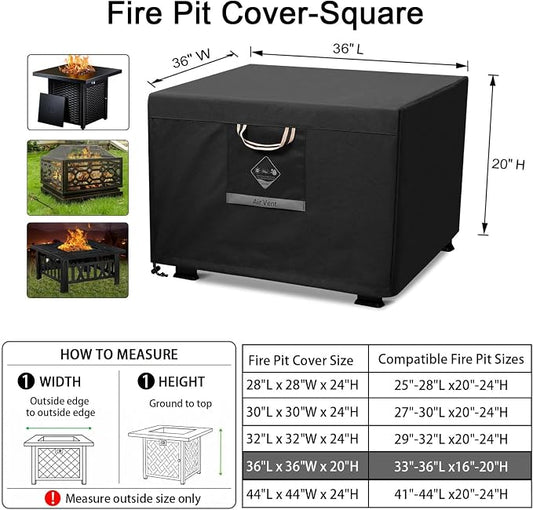 QH.HOME Fire Pit Cover Square Super Waterproof, 36" L x 36" W x 20" H Outdoor Firepit Table Cover 600D Strong Tear Resistant, UPF 50+ Fire Pit Cover Fading Resistant for Square Fire Pit - Black