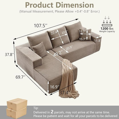 107" Cloud Sectional Couch with L-Shape Chaise, Modern Modular Comfy Sofa with Deep Seat, Upholstered Corduroy Couches Sleeper Chaise Longue for Living Room Bedroom, No Assembly Required, Camel
