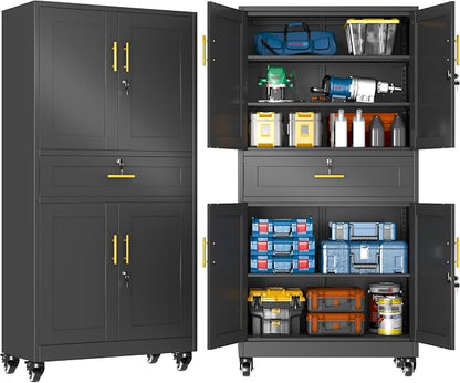 GAIOUS 71” Tall Metal Garage Storage Cabinet with Wheels and Drawer, Steel File Cabinet for Home Office, Tool Cabinet with 4 Locking Doors and 3 Adjustable Shelves, Rolling Cabinet for Garage-Black