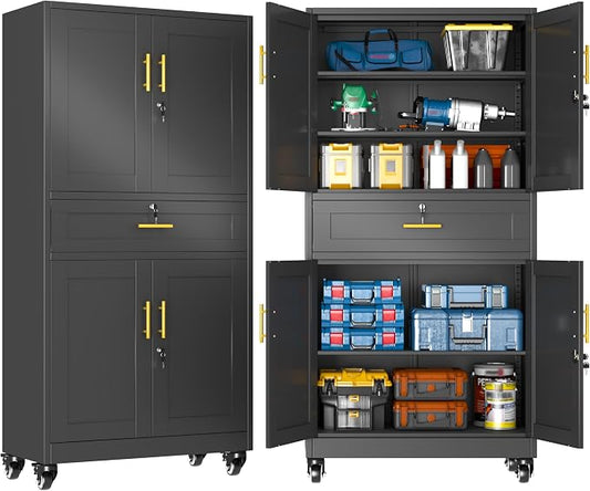 GAIOUS 71” Tall Metal Garage Storage Cabinet with Wheels and Drawer, Steel File Cabinet for Home Office, Tool Cabinet with 4 Locking Doors and 3 Adjustable Shelves, Rolling Cabinet for Garage-Black