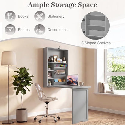 Tangkula Folding Wall Mounted Desk, Convertible Fold Out Floating Table with Storage Shelves, Space-Saving Drop Leaf Table, Murphy Desk for Craft, Study, Small Spaces, Home Office, Dorm, Grey