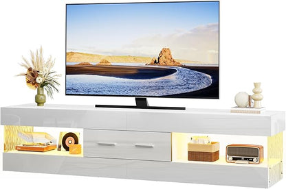 Bestier 67" Modern TV Stand for TVs up to 75 Inch, High Gloss LED Entertainment Center with Stone-Patterned Doors, TV Console with Drawer & Storage for Living Room, White