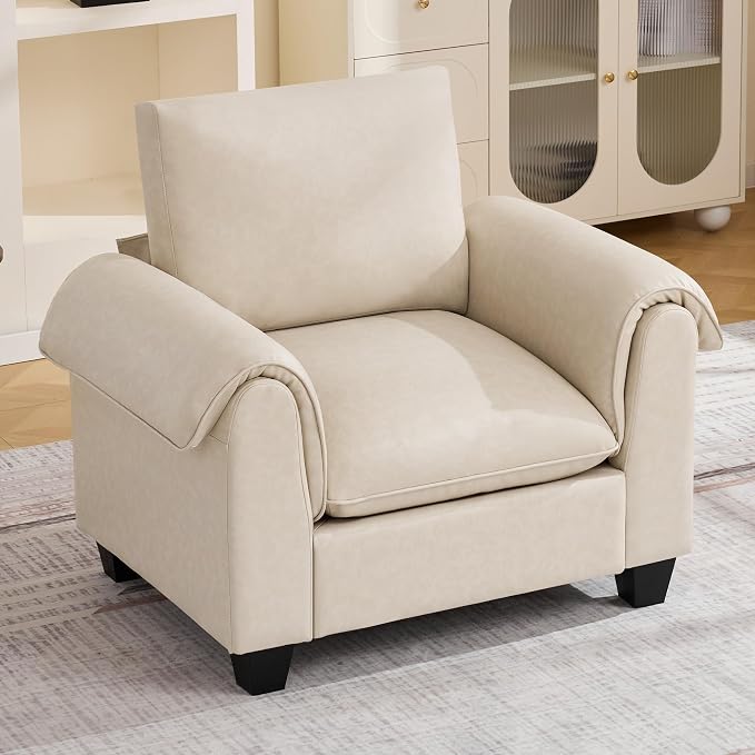 44.5" Faux Leather Single Sofa, Oversized Accent Chair with Curved Armrests, Cloud Modern Sofa Upholstered Deep Seat Reading Chair Armchair for Living Room, Bedroom，Beige