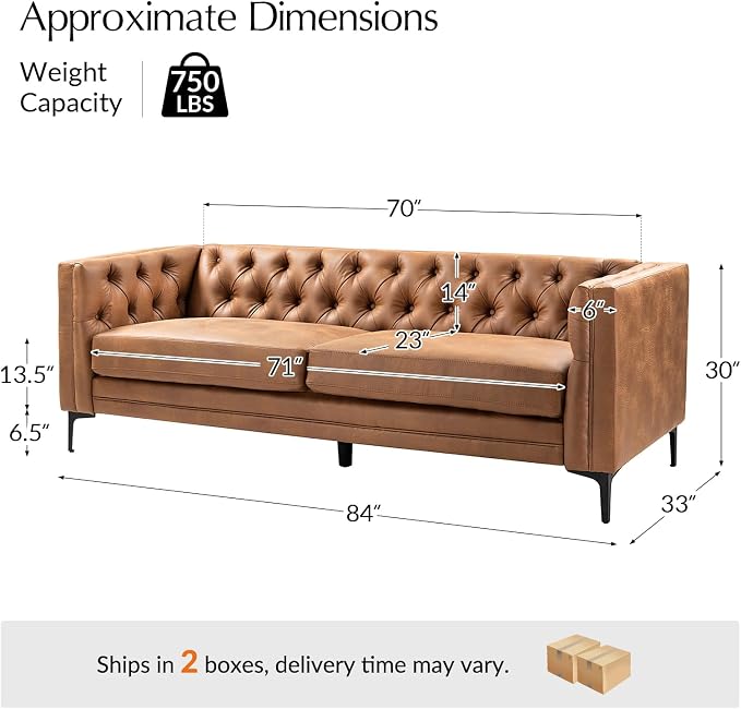HULALA HOME 84" W Faux Leather Sofa Couch with Metal Legs, Button-Tufted 3-Seater Sofa, Mid Century Modern Upholstered Couch for Living Room, Entertainment Area, Apartment,Camel