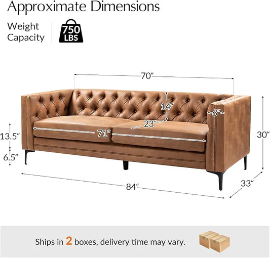HULALA HOME 84" W Faux Leather Sofa Couch with Metal Legs, Button-Tufted 3-Seater Sofa, Mid Century Modern Upholstered Couch for Living Room, Entertainment Area, Apartment,Camel