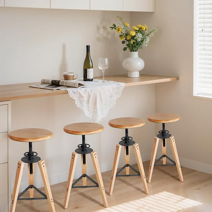 4-Piece Adjustable Height Swivel Bar Stool - Industrial Rustic Style, Solid Oak Wood Seat and Frame, 24.8"-28.7", Natural Finish, Anti-Slip Pads - Perfect for Kitchen, Bar, Counter, Home - Heavy Duty
