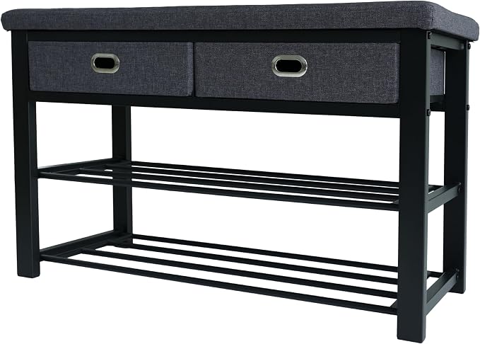 Finnhomy Entryway Shoe Rack with Cushioned Seat, Shoe Bench for Entry, 3-Tier Shoe Storage Organizer with 2 Drawers, Gray