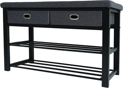 Finnhomy Entryway Shoe Rack with Cushioned Seat, Shoe Bench for Entry, 3-Tier Shoe Storage Organizer with 2 Drawers, Gray
