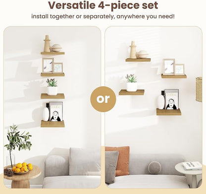 Fun Memories Square Floating Shelves for Wall - 12 Inch Deep Floating Shelves with Invisible Brackets, Oak Small Wall Shelf for Living Room, Bathroom, Bedroom, and Kitchen Decor Set of 4
