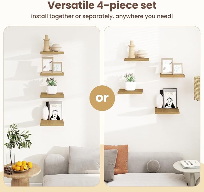 Fun Memories Square Floating Shelves for Wall - 9.3 Inch Deep Floating Shelves with Invisible Brackets, Oak Small Wall Shelf for Living Room, Bathroom, Bedroom, and Kitchen Decor Set of 4