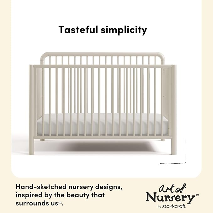 Storkcraft Porto 5-in-1 Convertible Crib with Toddler Guardrail – GREENGUARD Gold Certified, Toddler Bed Conversion Kit Included, 100% Solid Wood, Fits Standard Baby Crib Mattress (Frosted Oat)