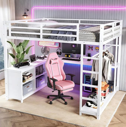 Bellemave Full Size loft Bed with L Desk, Wardrobe, Metal Full Loft Bed Frame for Adults, Kids, Teens, White