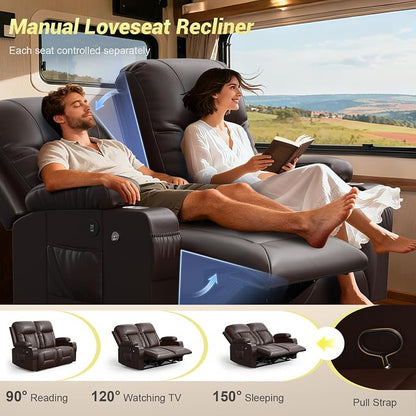 RV Loveseat Recliner Sofa, Reclining Loveseat Wall Hugger Recliners with USB Ports, Cup Holders, Insert Pockets, RV Recliners for Travel Trailers & Living Room, RV Furniture | RV Couch | Brown