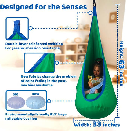 HiCamer Sensory Swing for Kids Indoor and Outdoor Pod Hammock Chair Seat Upgrade Max 300 lbs Hanging Swing with Inflatable Cushion Includes Hardware Hanger Kit for Aspergers Autism ADHD (Green)