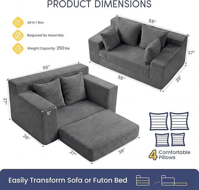 cidludto Boneless Couch Loveseat Sleeper, Convertible Sofa Bed Folding Couch Bed Foldable, 2 in 1 Boneless Chair Bed & Futon Sofa Bed, Small Pull Out Sofa with 4 Pillows for Living Room, Grey