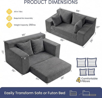 cidludto Boneless Couch Loveseat Sleeper, Convertible Sofa Bed Folding Couch Bed Foldable, 2 in 1 Boneless Chair Bed & Futon Sofa Bed, Small Pull Out Sofa with 4 Pillows for Living Room, Grey
