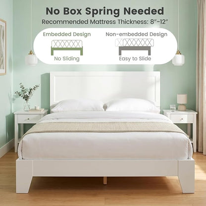 KOMFOTT Queen Size Bed Frame, Modern Platform Bed with Headboard, Wooden Slat Support Mattress Foundation, Under-Bed Storage Space, No Box Spring Needed(White,Queen)