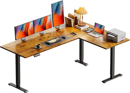 Casaottima 63 Inch Reversible L Shaped Electric Standing Desk, Ergonomic Height Adjustable Desk, Large Lift Corner Stand up Table for Workstation, Home Office, Reception Room, Rustic Brown