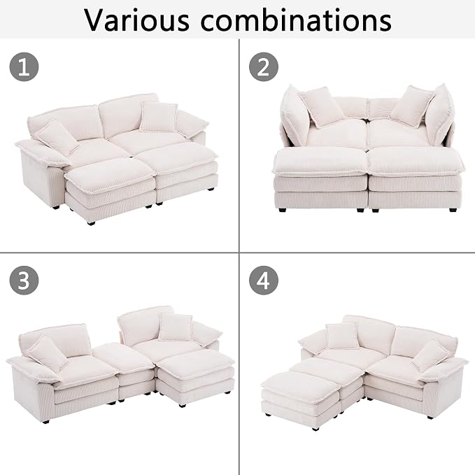 84.6” Corduroy Loveseat with Ottoman, Oversized Double Chaise Lounge Chair Indoor Deep Seat Two Seater Couch Cloud Couch Modular Sectional Sofa for Living Room(Corduroy White)
