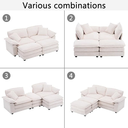 84.6” Corduroy Loveseat with Ottoman, Oversized Double Chaise Lounge Chair Indoor Deep Seat Two Seater Couch Cloud Couch Modular Sectional Sofa for Living Room(Corduroy White)