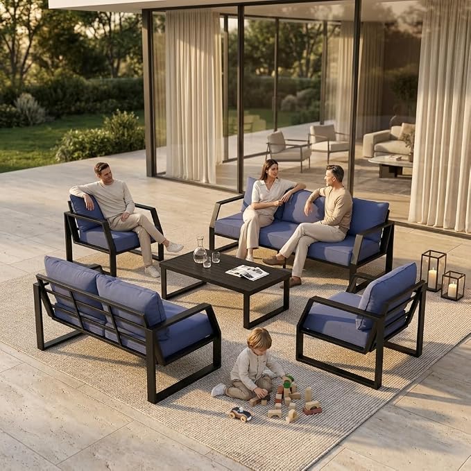 Oversized Modern Outdoor Patio Furniture Set with 5" Thick Cushions, Deep Seats & Wide Armrests, Comfortable Aluminum All-Weather Rustproof UV-Resistant Frame, 4-Seater for Garden, Backyard, Poolside