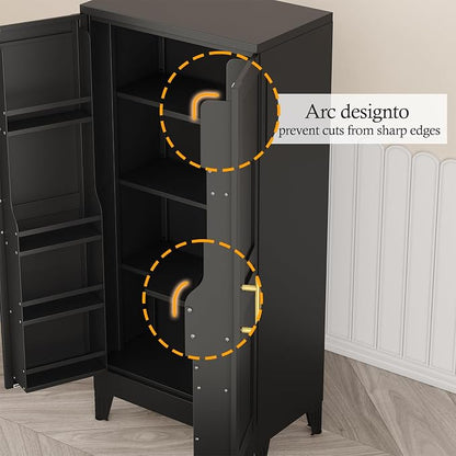 Black Kitchen Pantry Storage Cabinet, 48" Metal Storage Cabinet | Steel Storage with Doors and 3 Adjustable Shelves, Metal Freestanding Buffet Cupboards Sideboard, for Office, Home, School