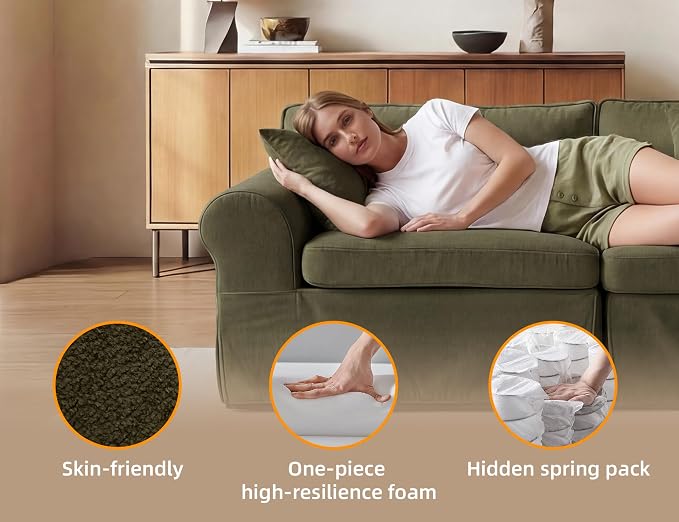 Mistpeople Modern Loveseat Sofa Couch, Upholstered Comfy Sofa with Pillows & Armrests, Deep Seating Couch with Removable Cover for Living Room Bedroom Apartment Office Small Spaces, Green 3 Seats