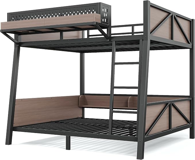 Bellemave Bunk Bed Full Over Full with LED, Heavy Duty Metal Bunk BedFrame with Storage Shelves and Lights, Black