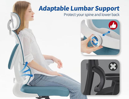 TRALT Ergonomic Office Chair - Desk Chair with Adjustable Headrest Lumbar Support Computer Chair - Mesh Comfy Chair with Flip-up Armrests - Gaming Chairs for Adults Home Office (PU Leather, Blue)