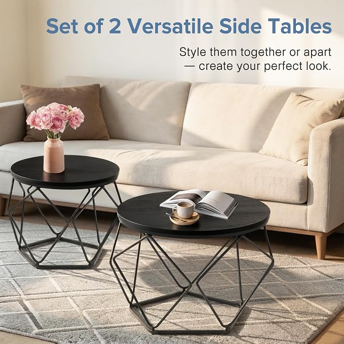 DUMOS Modern Geometric 2Pack Coffee Table, Round Nesting Side Tables with Hidden Storage, Movable End Tables for Living Room Decor & Practical Use Black