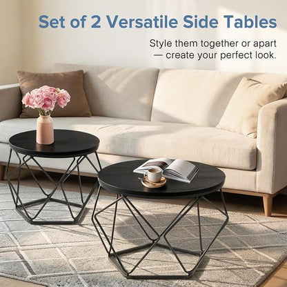 DUMOS Modern Geometric 2Pack Coffee Table, Round Nesting Side Tables with Hidden Storage, Movable End Tables for Living Room Decor & Practical Use Black