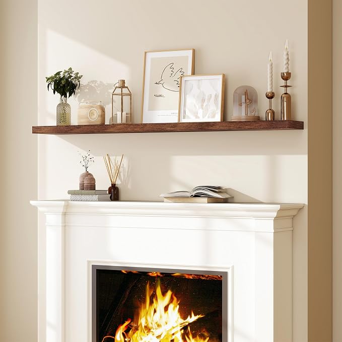 Fun Memories 66 Inch Fireplace Mantel Shelf with Invisible Bracket, 8 Inch Deep Floating Shelf for Living Room, Kitchen, Farmhouse, Brown