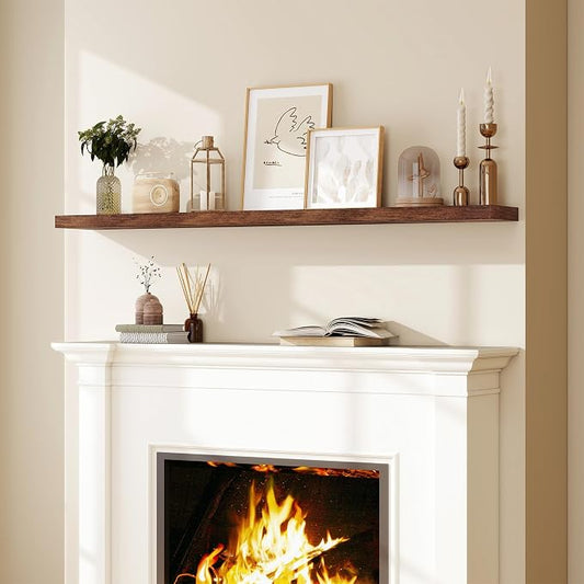 Fun Memories 66 Inch Fireplace Mantel Shelf with Invisible Bracket, 8 Inch Deep Floating Shelf for Living Room, Kitchen, Farmhouse, Brown