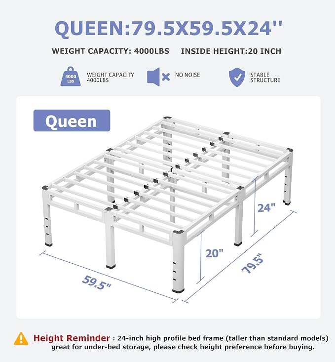 NKZ 24 Inch Queen Size Bed Frame, Metal Bed Frame & Box Spring 2 in 1 Platform with Round Corner Legs, 4000Lbs Heavy Duty Metal Frame, Mattress Slide Stopper, Headboard Hole, Noise-Free, Easy Assembly