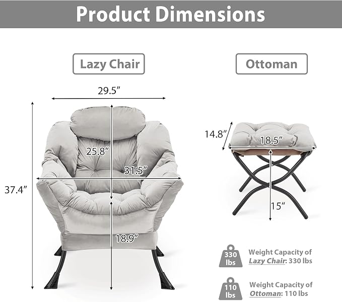 Youtanic Lazy Chair with Folding Ottoman, Accent Chair Velvet Upholstered with Metal Structure and Non-Slip Pads, Sofa Armchair with Footrest and Side Storage Bag for Dorm, Room, Office, Light Gray