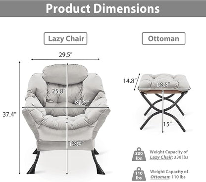 Youtanic Lazy Chair with Folding Ottoman, Accent Chair Velvet Upholstered with Metal Structure and Non-Slip Pads, Sofa Armchair with Footrest and Side Storage Bag for Dorm, Room, Office, Light Gray