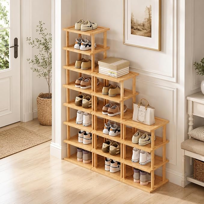 SAN HE Bamboo Shoe Rack 17 Tier- Vertical Shoe Rack for Small Spaces, Tall Narrow Shoe Rack Organizer for Closet Entryway Corner Garage and Bedroom,Skinny Shoe Shelf with Free Stackable DIY