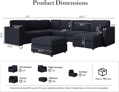 Oversized Modular Sectional Sofa U-Shaped Cloud Couches Blue | Large Deep Seat Couch for Living Room, 8 Seater Luxury Corner Sofa with Ottoman, Solid Wood Frame, Removable Washable Cover