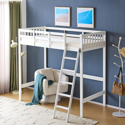VINGLI Loft Bed Twin Size with USB Charging Station/LED, Solid Wood Single Loft Bunk Bed with Flat Rungs for Kids/Teens/Adults, 15 inches High Guardrail,Wood Slat Support No Box Spring Needed, White