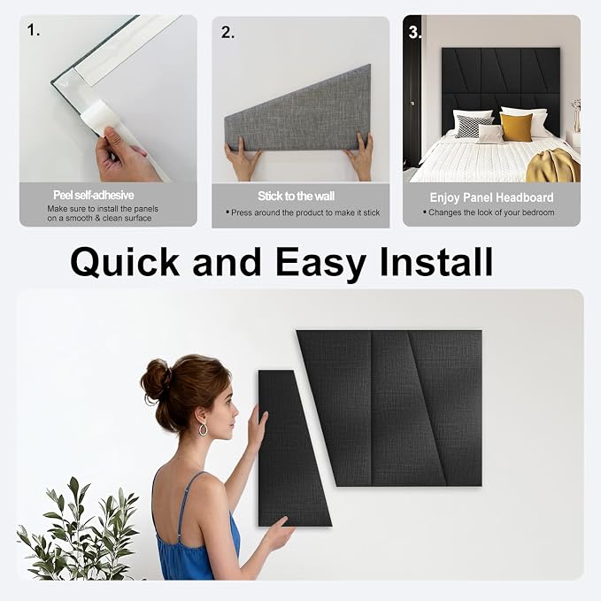 Peel and Stick Headboard for Twin Bed Linen Fabric Upholstered Wall Mounted Headboard - Wall Padding Panel in Black for Bedroom/Living Room/Dorm (4 Panels)